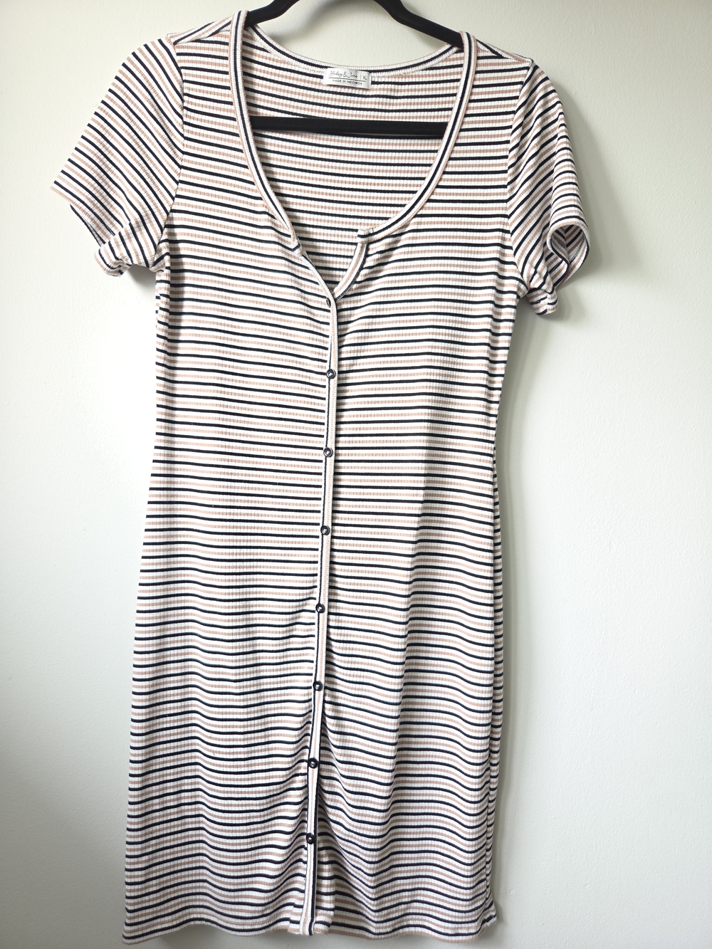 Striped Button-Front T Shirt Dress- Pink & Black